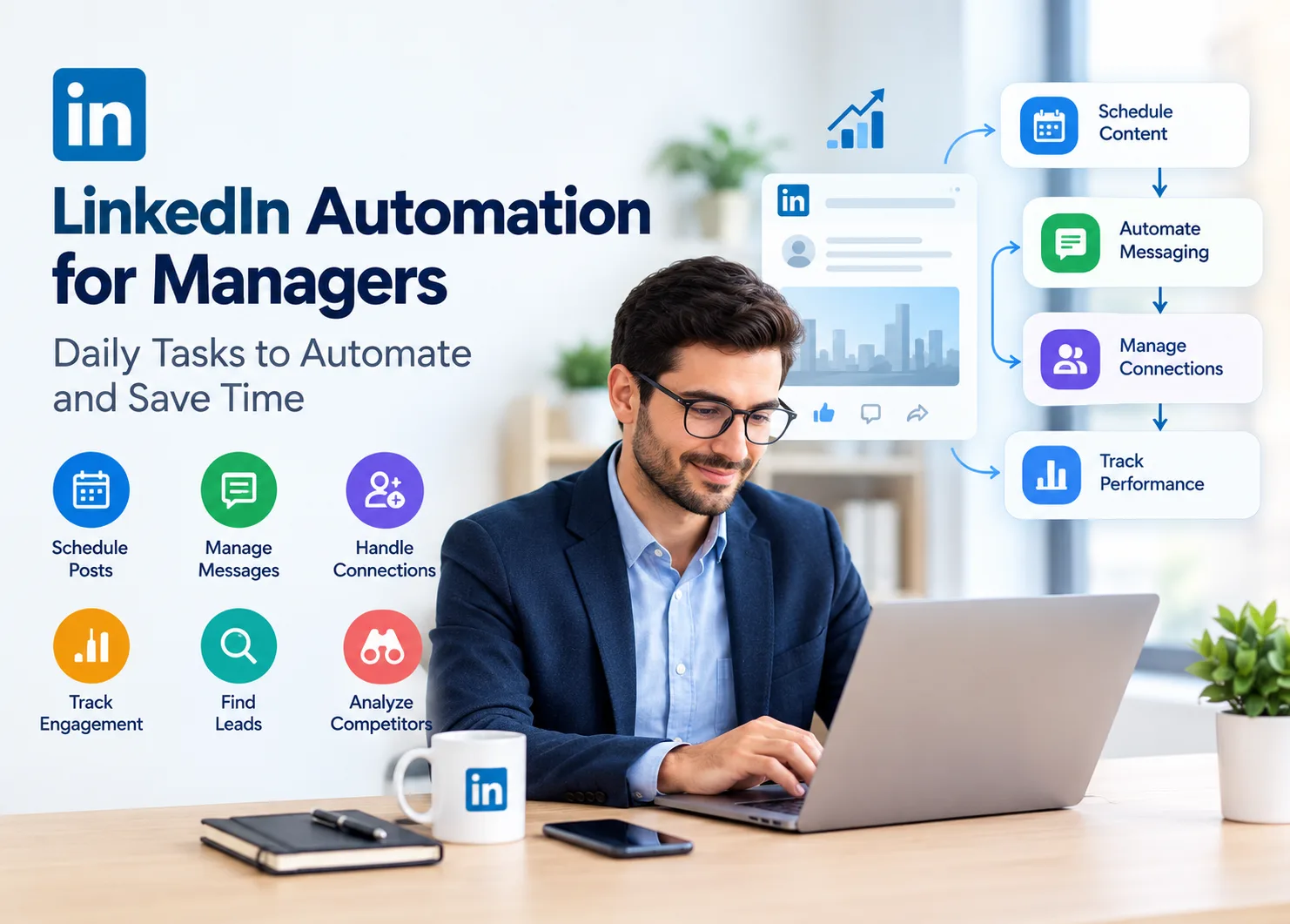LinkedIn automation banner showing a manager using a laptop alongside workflow icons for scheduling posts, managing messages, handling connections, tracking engagement, finding leads, analyzing competitors, and improving LinkedIn marketing productivity through automation.
